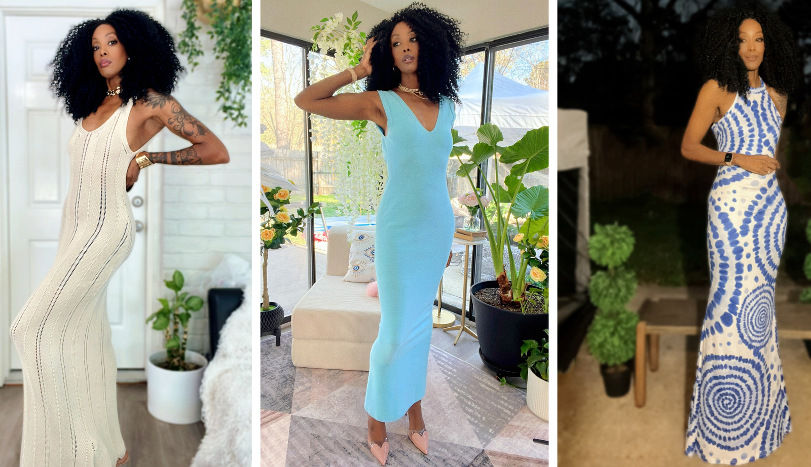 a collage of a woman in maxi dresses