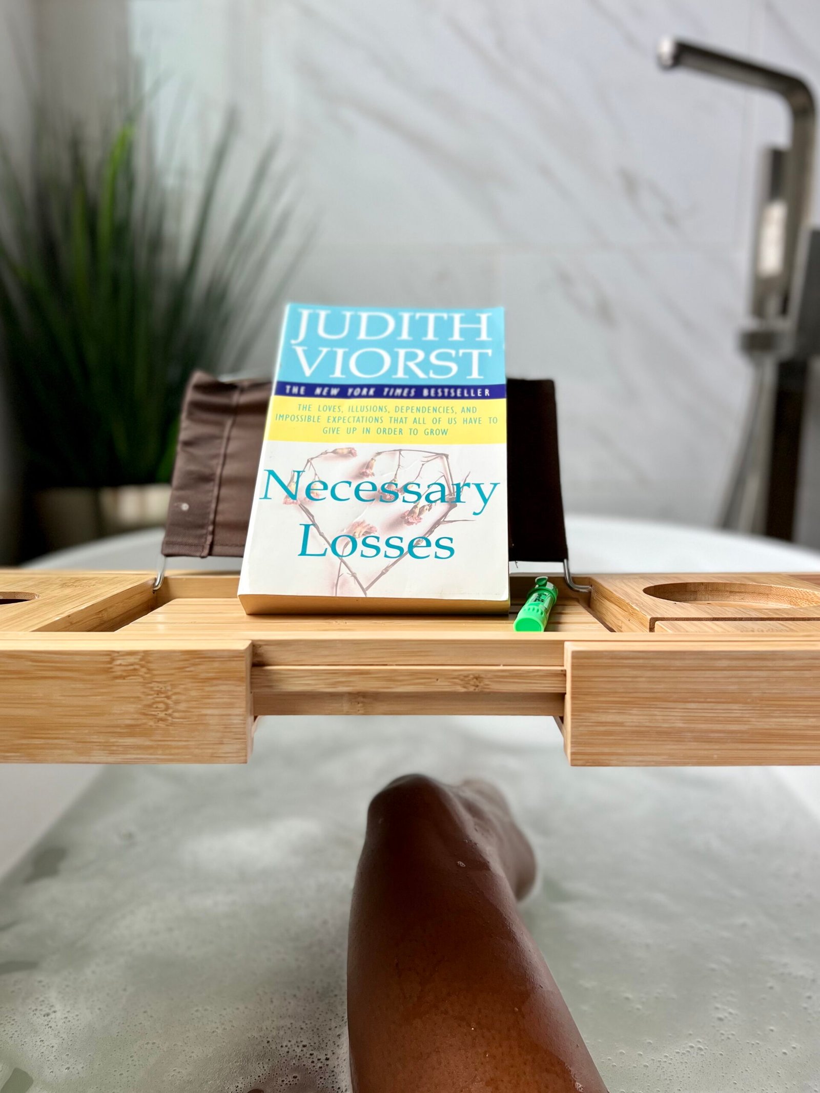 photo of woman in tub reading the book Necessary Losses