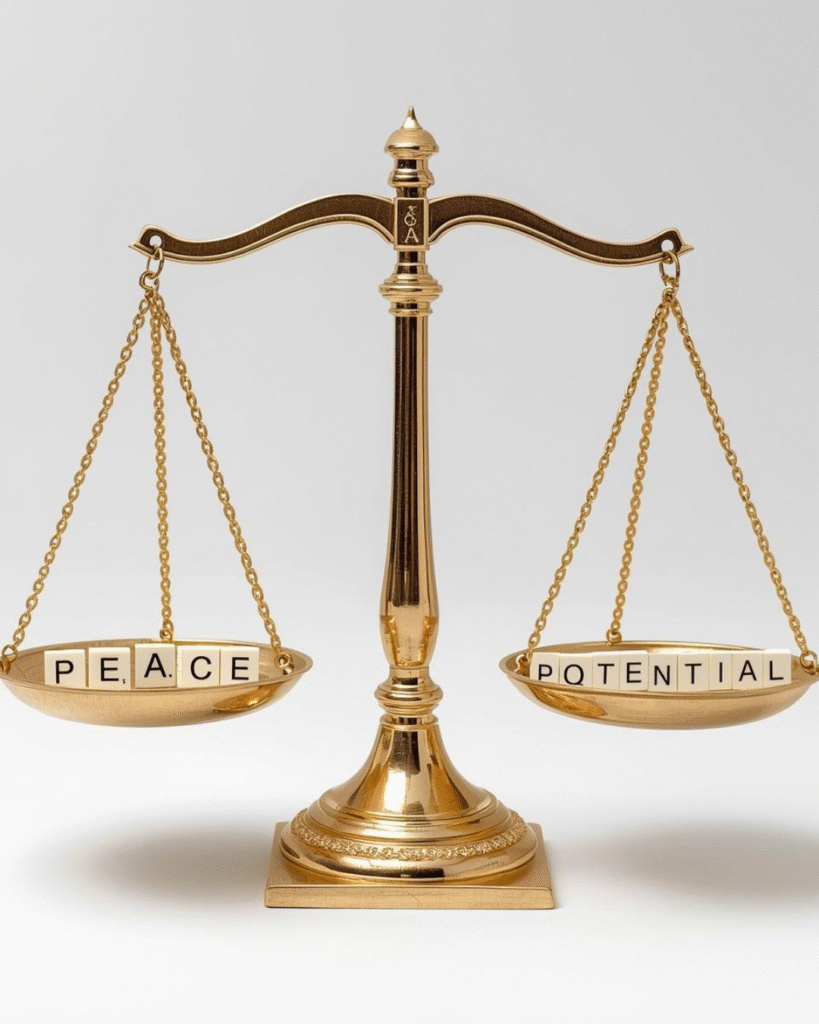 An ornate gold balance sacle that has the word peace on the left and the word potential on the right