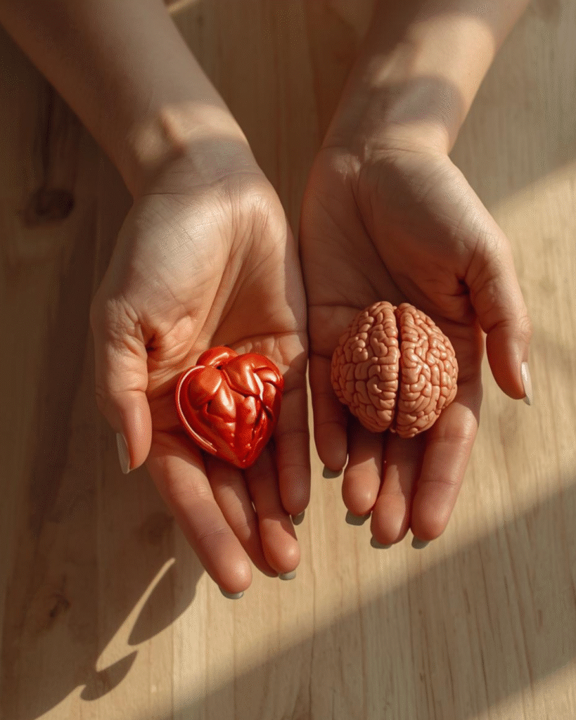 a pair of women's hands holding a plastic brain in the right hand and a heart in the other